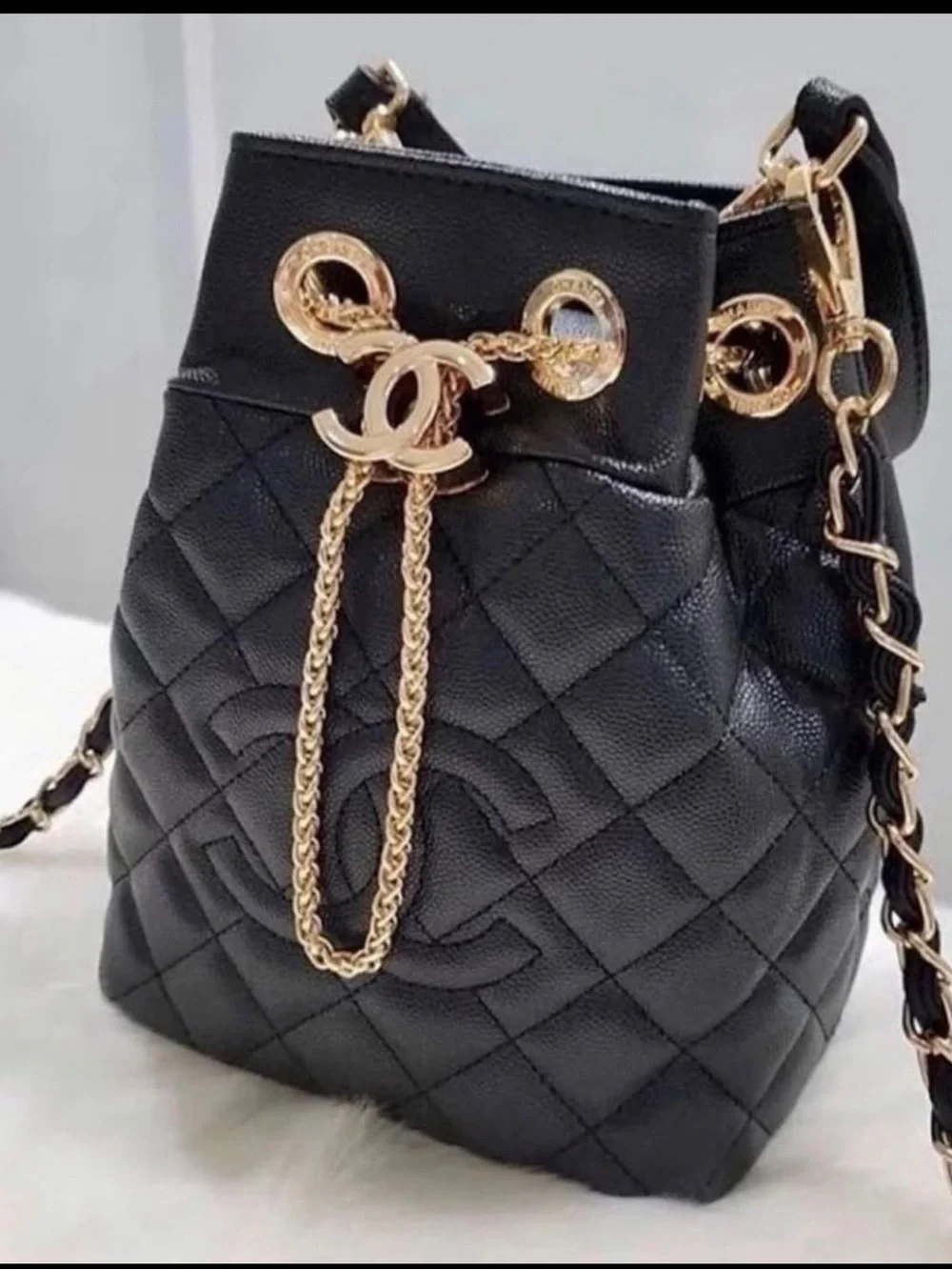 GWP CHANEL Black Quilted Drawstring Shoulder Bag with Gold Hardware